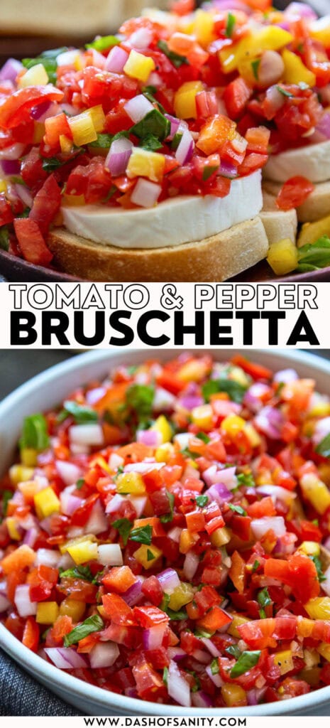 collage image of tomato & pepper bruschetta with recipe title