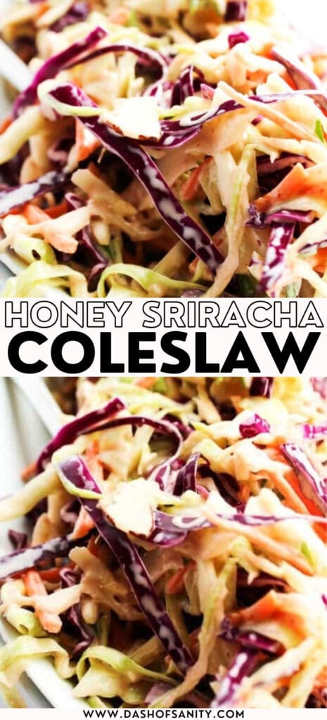 collage image of honey Sriracha coleslaw with recipe title