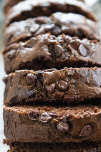 close up shot chocolate pumpkin zucchini bread sliced