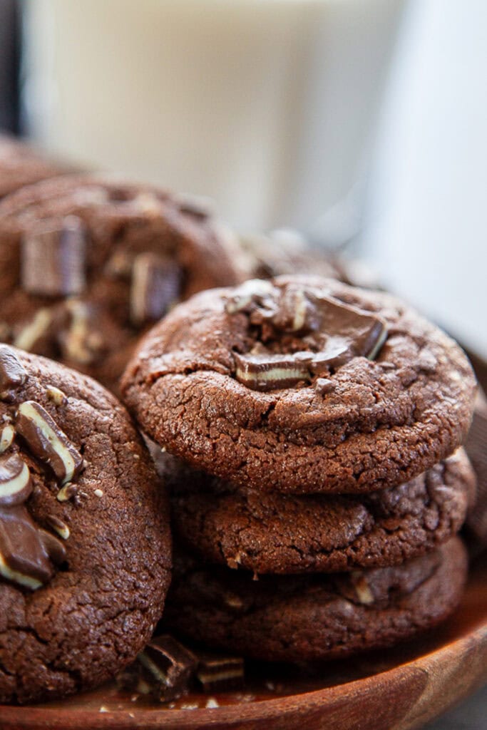 close up shot of chocolate andes mint cookies stacked