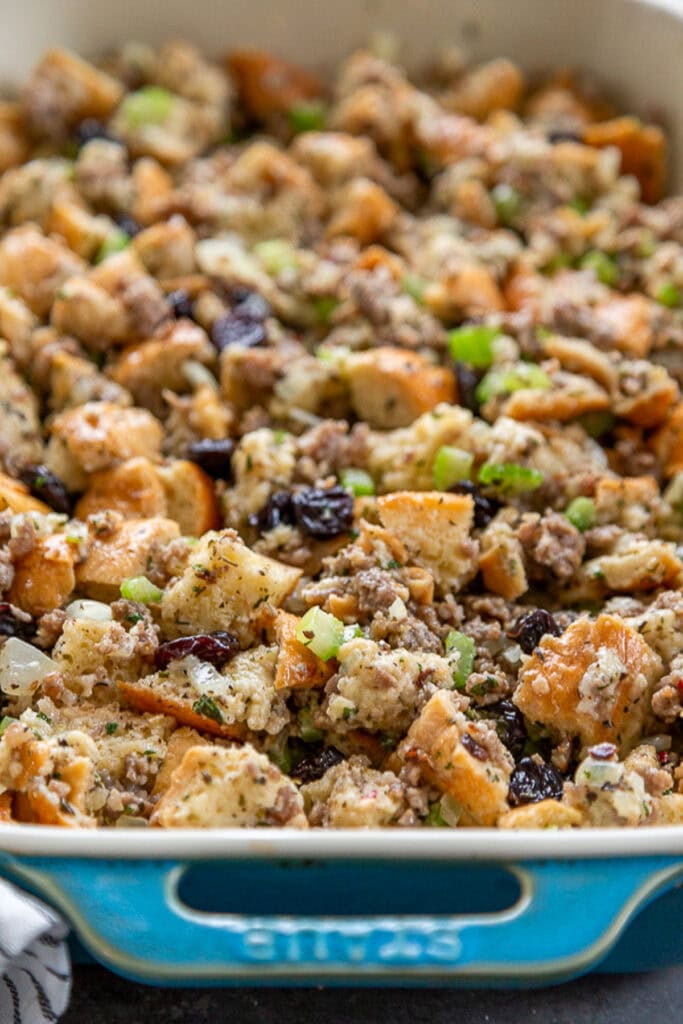 uncooked stuffing in casserole dish