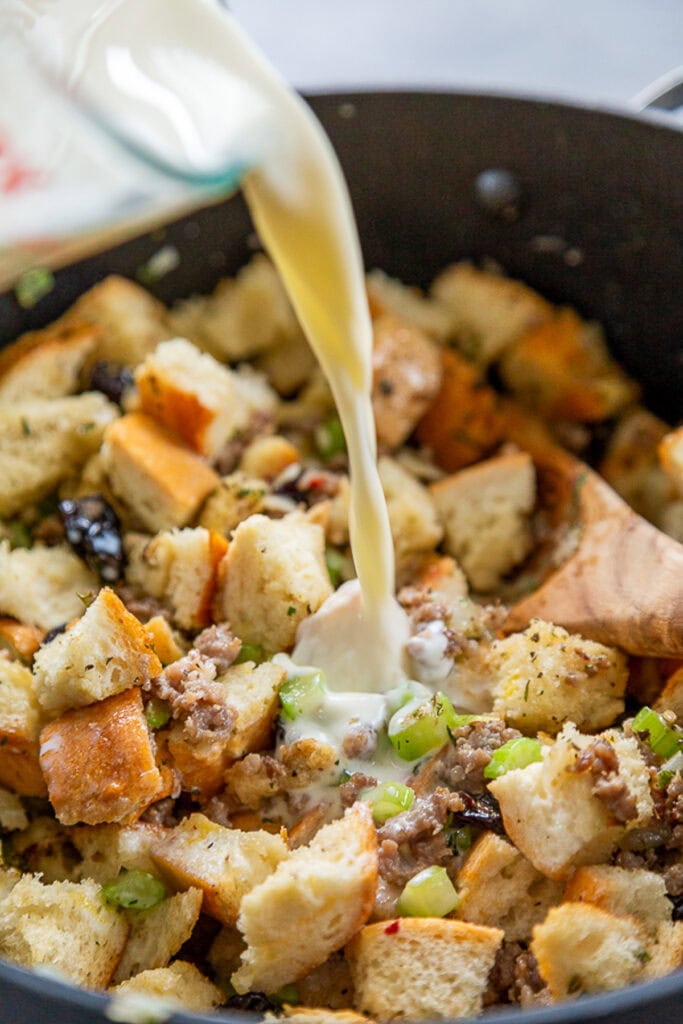 milk being poured over stuffing