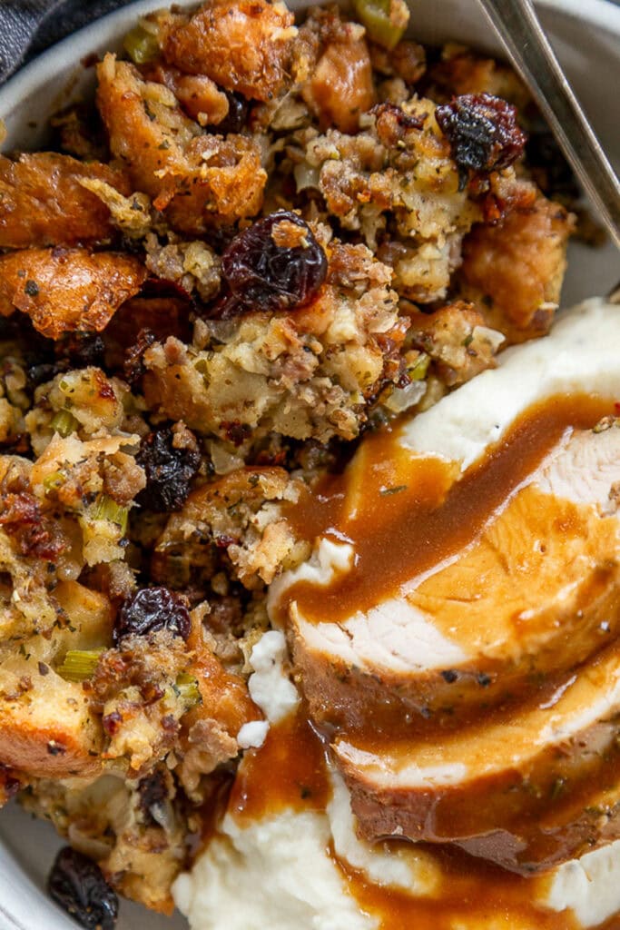 overhead shot of turkey with stuffing