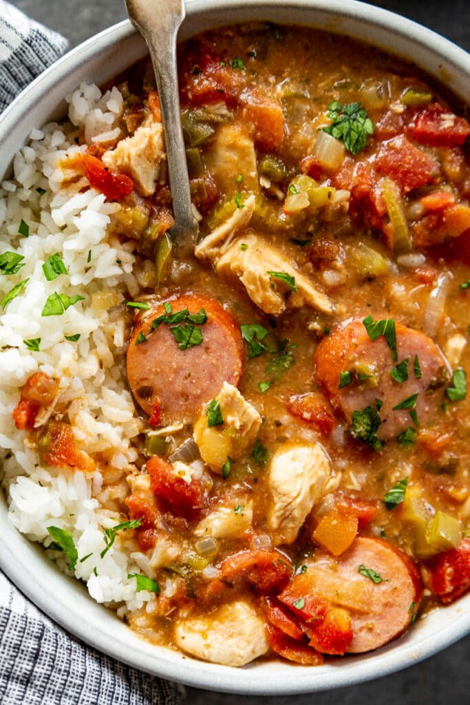 close up overhead shot of gumbo