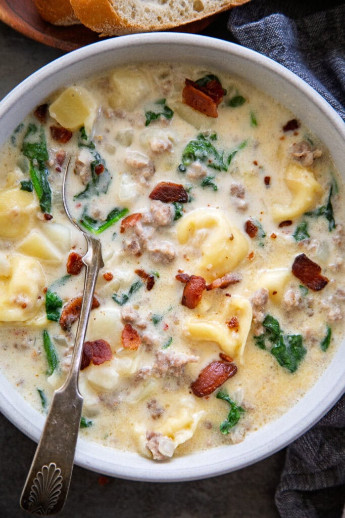 overhead shot of tortellini zuppa toscana