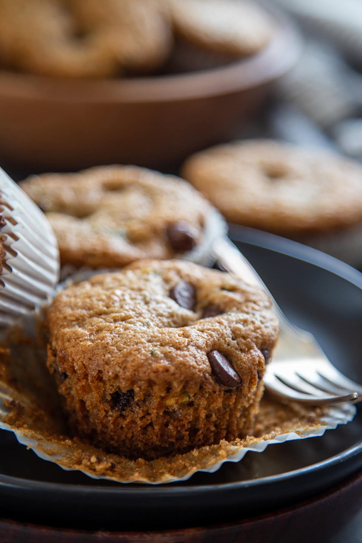 plate of chocolate chip zucchini muffins