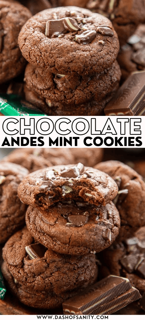 collage image of chocolate mint cookies made with andes mints